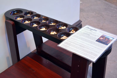 High angle view of books on table