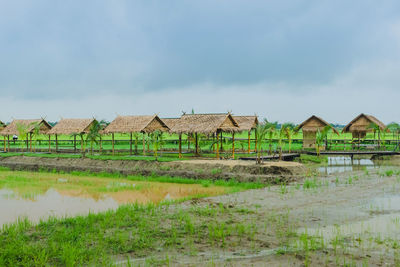 Houses on field against sky