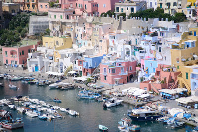 High angle view of boats at harbor