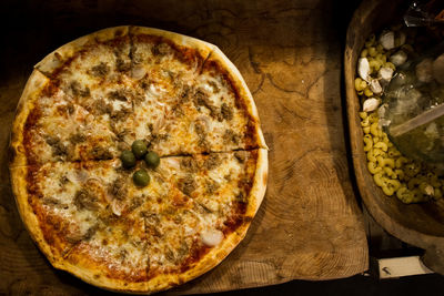 High angle view of pizza on table