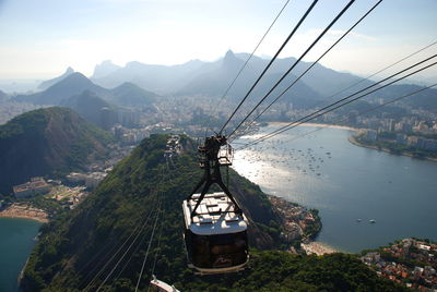 Overhead cable car over mountain range