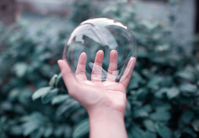 Cropped hand of child holding bubble against plants