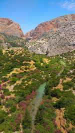 Scenic view of land and mountains against sky