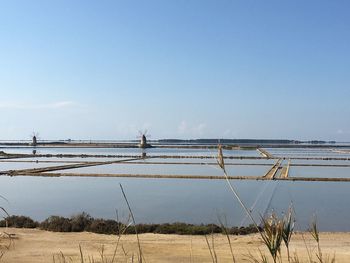Electricity pylon on land against clear sky