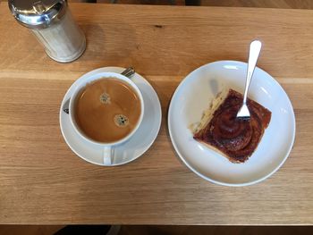 High angle view of breakfast served on table