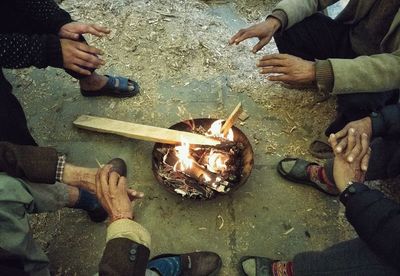 High angle view of people preparing food
