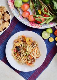 High angle view of salad served in bowl on table