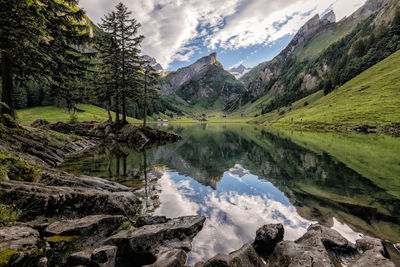 Scenic view of lake and mountains against sky