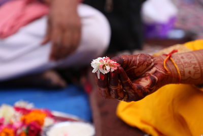 Close-up of hand holding flowering plant