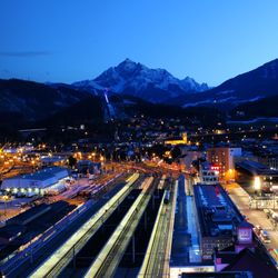 High angle view of city street at night