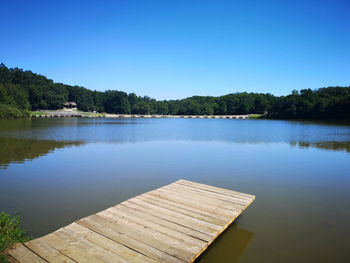 Scenic view of lake against clear blue sky