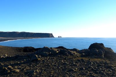 Scenic view of sea against clear blue sky