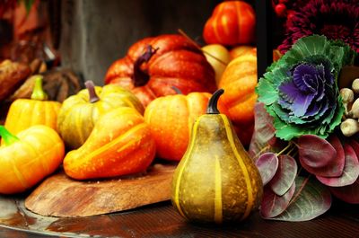 Close-up of pumpkins on table