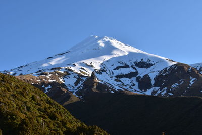 Scenic view of snowcapped mountains against clear blue sky