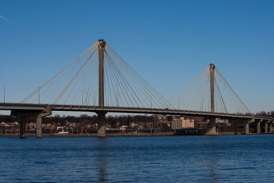 Suspension bridge over river against clear blue sky