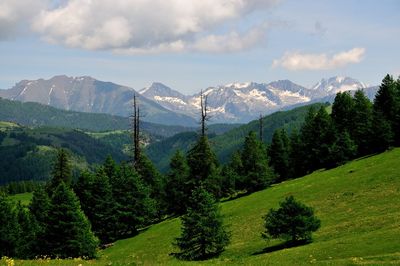 Scenic view of landscape and mountains against sky
