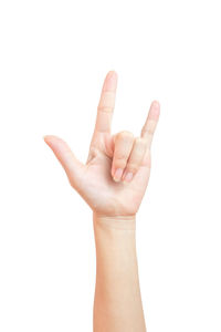 Close-up of human hand against white background