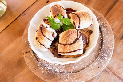 High angle view of dessert in plate on table