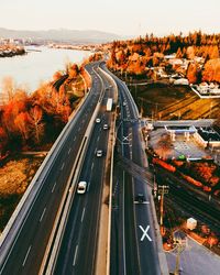 High angle view of highway in city against sky