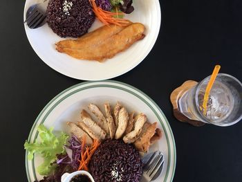 High angle view of breakfast served on table