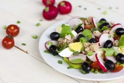 High angle view of salad served in plate