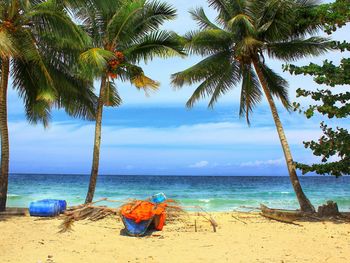 Palm trees on beach against sky