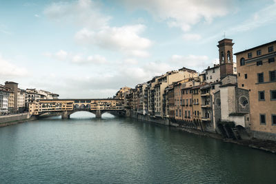 Bridge over river against cloudy sky