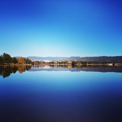 Scenic view of lake against clear blue sky