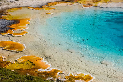 High angle view of yellow water on beach