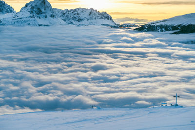 Scenic view of snow covered mountains against sky during sunset