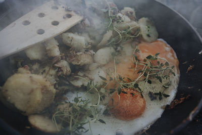 High angle view of chopped vegetables in plate