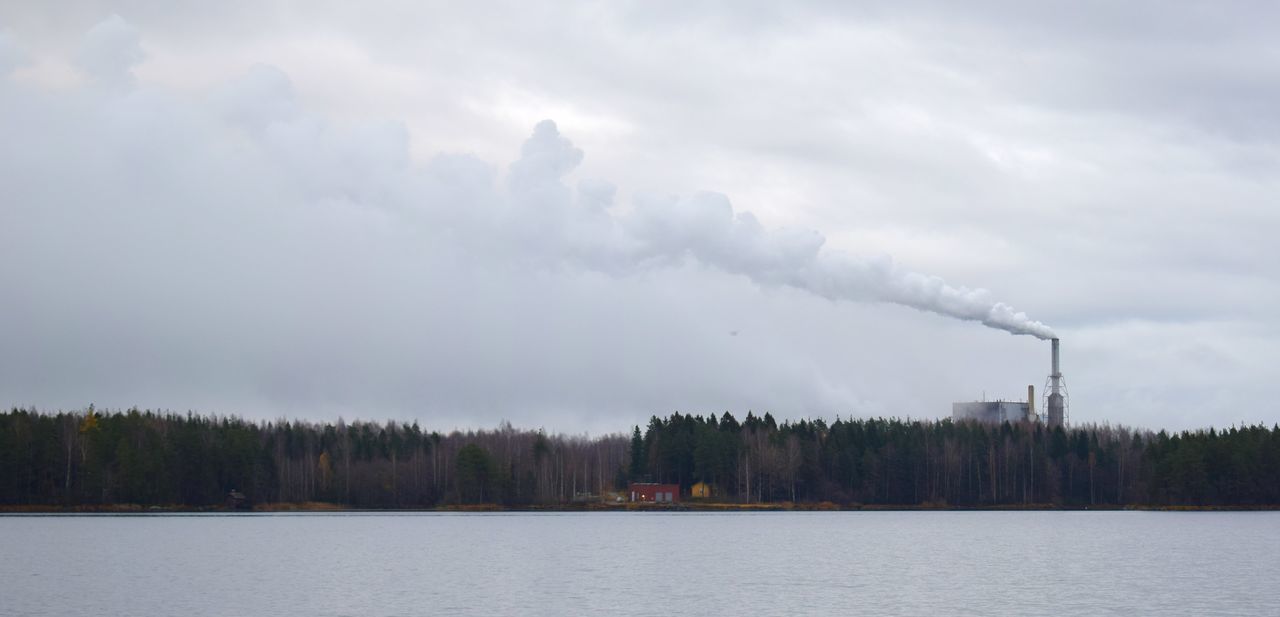 industry, tree, factory, air pollution, emitting, smoke stack, environment, environmental issues, outdoors, fumes, sky, no people, smoke - physical structure, ecosystem, nature, winter, day, chimney, bare tree, cold temperature, global warming