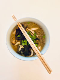 High angle view of soup in bowl on table