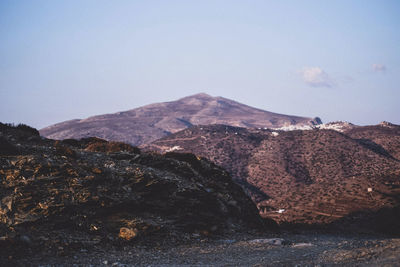 Scenic view of mountain range against clear sky