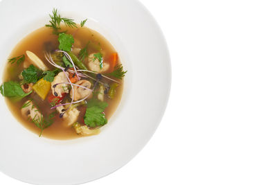 High angle view of soup in bowl on table