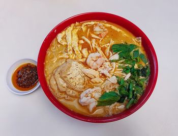 High angle view of food served on table