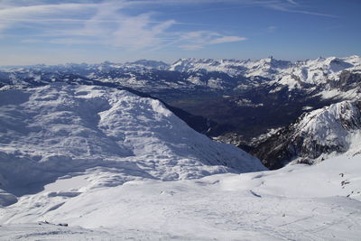 Scenic view of snowcapped mountains against sky