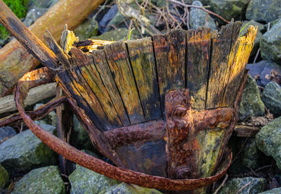 High angle view of rusty wood on field