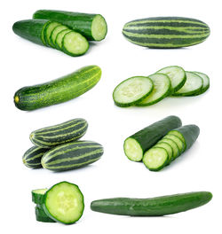High angle view of green beans against white background