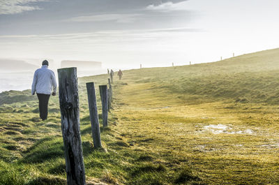 Rear view of wooden posts on field against sky