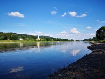 Scenic view of lake against blue sky