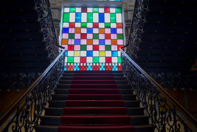 High angle view of illuminated staircase in building