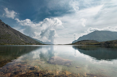 Scenic view of lake by mountains against sky