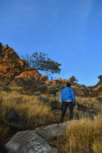 Rear view of man against blue sky