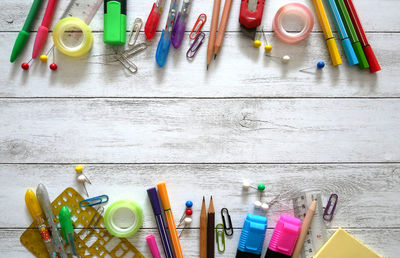 High angle view of multi colored pencils on table