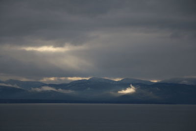 Scenic view of sea and mountains against sky