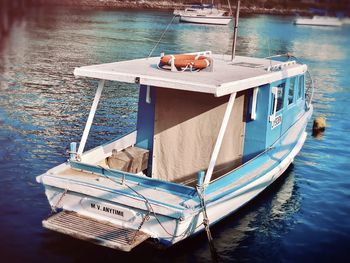 High angle view of ship moored on sea