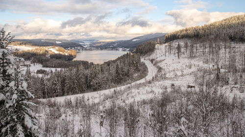 Scenic view of snow covered landscape against sky