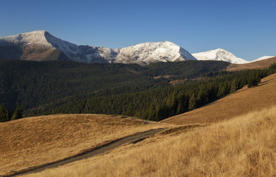 Scenic view of mountains against clear sky