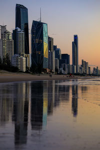 Reflection of buildings in city against sky